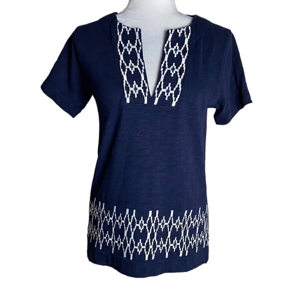 J.Crew Factory Blue White Geometric Aztec Design Cotton Top Nautical Women's XXS - Picture 1 of 7